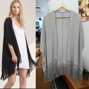 Aritzia Talula Grey Fringed Fawkner Blouse
